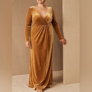Jenny Yoo Ryland Velvet Gown in Marigold - Long Sleeve Maxi Dress - Size 18